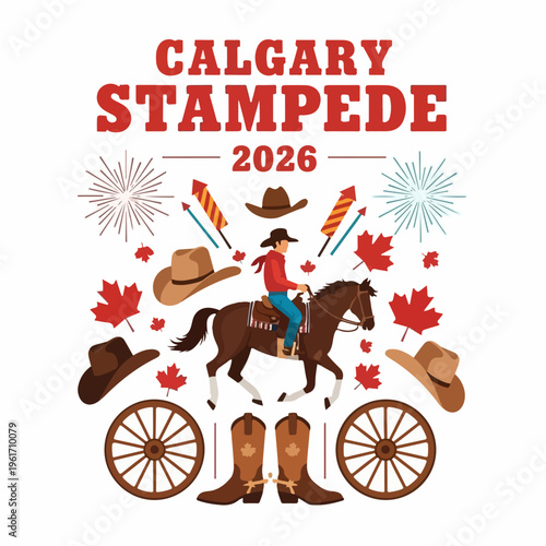 Calgary Stampede 2026 Vector Poster  Rodeo Festival  Flat Illustration with Western Red and White