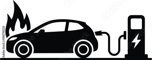 Black silhouette icon showing an electric car burning from the rear during a charging session