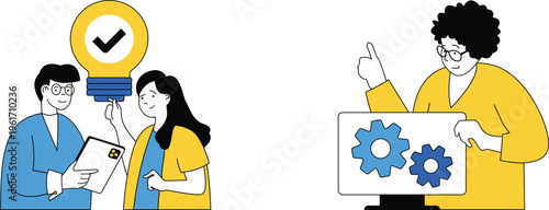 Team collaborates on project using technology and brainstorming for successful implementation together