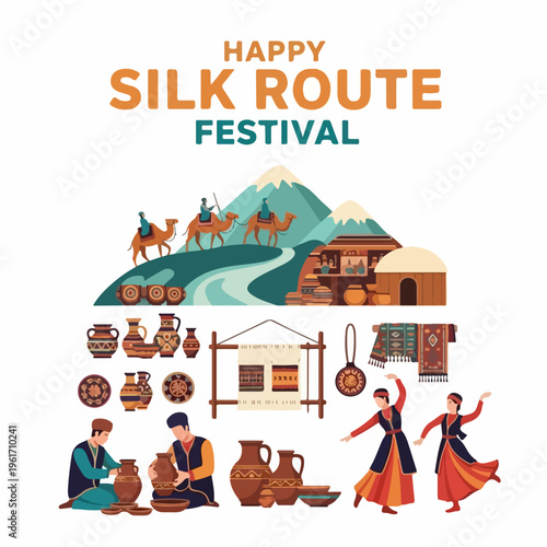 Happy Silk Route Festival Vector Poster  Heritage Festival  Flat Illustration with Warm Amber and Teal