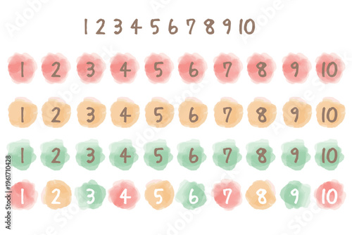 水彩のぬくもりシリーズ 幼稚園・保育園向け にじみ水彩の数字アイコン 3色セット 1-10