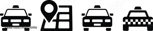 Black silhouette icons illustrating taxi cars and a map location pin for ride services