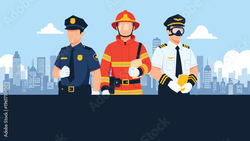 Group of dedicated emergency and public service workers including a police officer, firefighter, and pilot standing together.