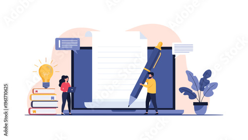 Creative team working on content creation and blogging by writing on a giant laptop screen with books and a lightbulb icon.