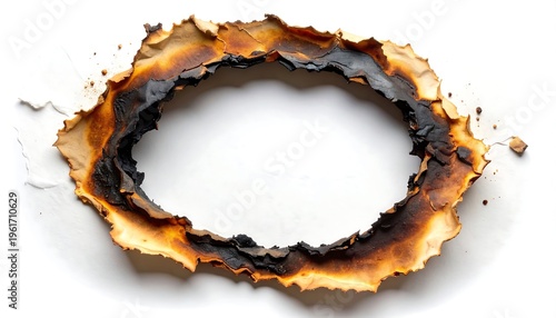 Close-up of burnt paper circle, edges charred, isolated on white background