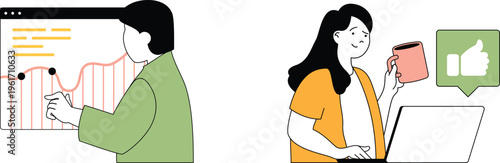 Two professionals collaborating remotely with data analysis and positive feedback exchange during virtual meeting