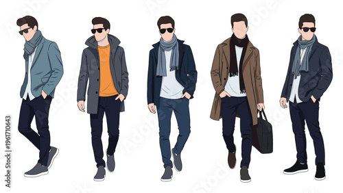 Collection of stylish men showcasing different winter fashion trends with coats, scarves, and sunglasses in a modern style.