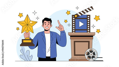 Proud filmmaker holding a golden star trophy for excellence in video production and cinema with film reels and a clapperboard.