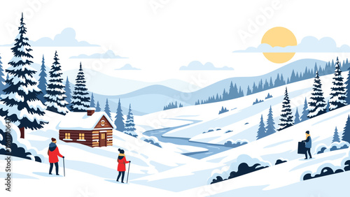 Scenic winter landscape featuring a cozy wooden cabin in a snowy valley with people walking and a river under the sun.