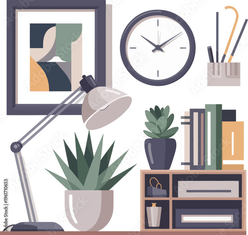 Desk Decor Arrangement: Lamp Books Plants Clock Artwork for Modern WorkspaceVector Illustration