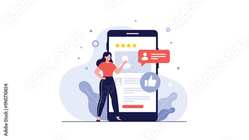 Happy woman giving a positive five-star review and thumbs up rating on a mobile user profile interface on a smartphone.