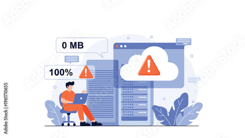 IT specialist working on a laptop to fix a critical server error and cloud storage problem with data warning icons.
