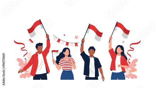 Group of patriotic young people celebrating national independence day by waving red and white flags with festive decorations.