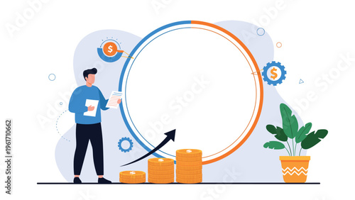 Professional financial advisor analyzing market growth and investment returns with data charts and piles of gold coins.