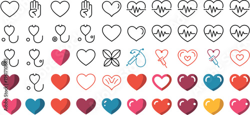 Medical and healthcare icon set featuring heart shapes stethoscope pulse line vaccine syringe and cardiogram symbols for cardiology wellness medicine nursing 