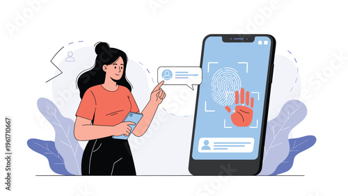 Modern woman using a biometric fingerprint scan on a large smartphone for secure access and digital identity verification.