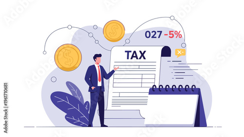 Professional businessman presenting a tax document and calendar for financial planning and government compliance.