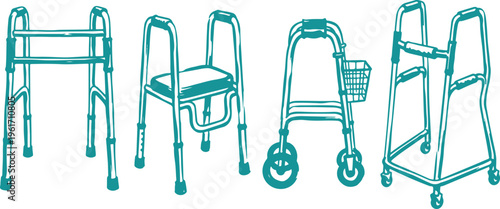 Walker Mobility Aid Hand Drawn Line Art Vector Design Elderly Support Medical Equipment Illustration.