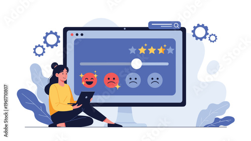 Woman analyzing customer feedback with emoticons and star ratings on a computer screen shows user experience review process.
