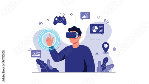 Person wearing virtual reality goggles and interacting with a digital interface shows metaverse and gaming technology trends.