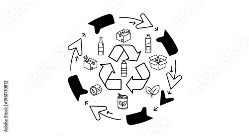 Recycling symbol with various recyclable materials and arrows in circular motion featuring eco-friendly, sustainability, reuse with reduce and