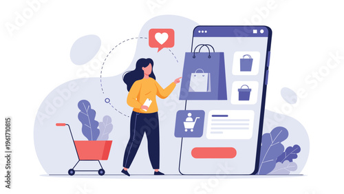 Woman using a mobile app for online shopping next to a large smartphone and shopping bag represents global e-commerce trends.