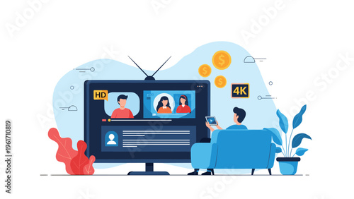 Man sitting on a sofa watching high quality video content on a large television screen portrays modern home entertainment.