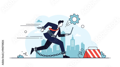 Businessman running while chained and carrying a laptop illustrates intense work pressure, stress, and tight deadline constraints.