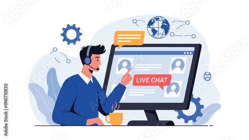 Man using a headset for a live chat session on a computer screen depicts online customer support and teleconference services.