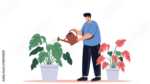 Man watering green and red indoor plants with a watering can portrays gardening as a relaxing hobby and home care activity.