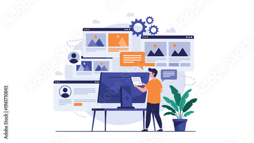 Developer managing multiple website windows and data layouts on a desktop computer portrays complex web development projects.