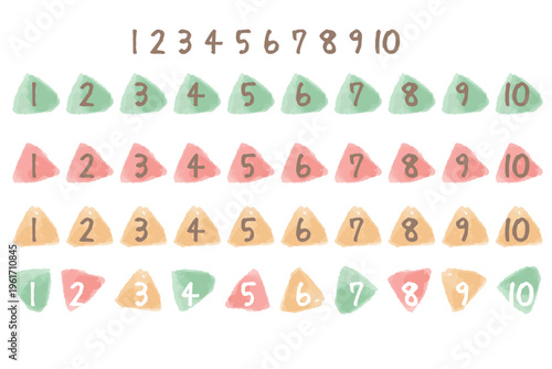 水彩のぬくもりシリーズ 幼稚園・保育園向け 三角フラッグの数字アイコン 3色セット 1-10