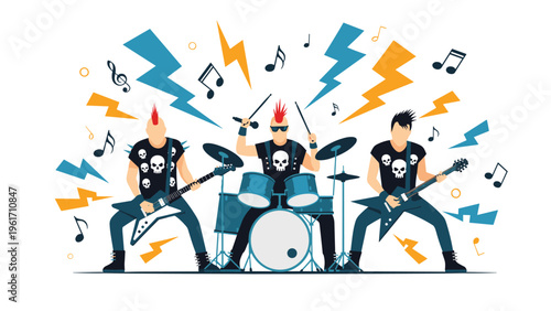 Rock band with punk hairstyles playing electric guitars and drums amidst lightning and music notes portrays intense energy.