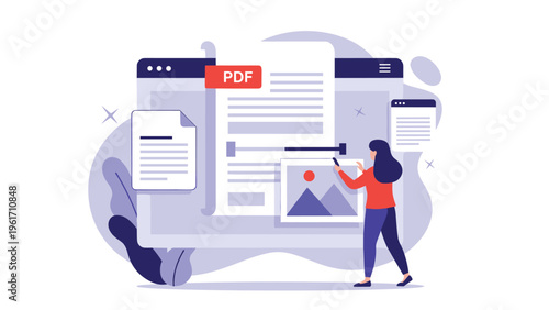 Woman editing a PDF document with images and text on a large computer screen depicts digital content management and design.