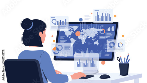 Professional woman analyzing global business data and statistics on large computer monitor with world map and multiple infographics.