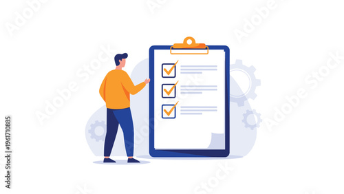 Businessman standing next to large clipboard with completed task checkmarks symbolizing successful project management and goals achievement.