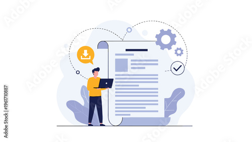 Person using laptop computer while standing in front of large digital document for software update and data processing illustration.