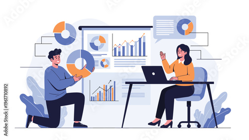 Two business colleagues discussing financial reports and data analytics using various colorful charts and infographics in modern office setting.