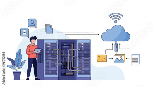 Technician working on computer server racks in data center with cloud computing and wireless network connectivity symbols for IT infrastructure.