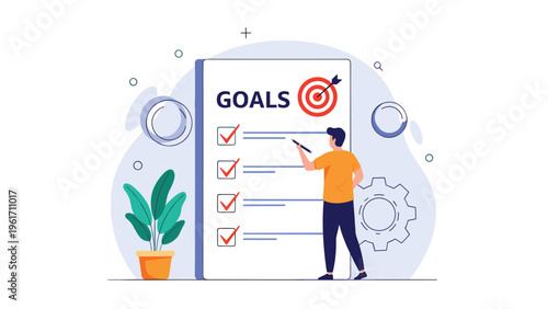 Businessman checking off completed items on large goals list with target icon symbolizing successful project planning and achievements.