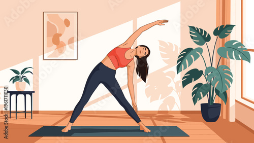 Young woman practicing triangle yoga pose in bright sunny living room near house plants for physical fitness and mental well being.