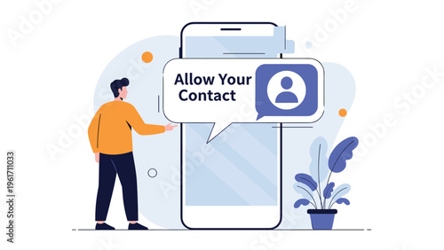 Man using smartphone with large pop up message asking to allow contact access for mobile application privacy and security settings.