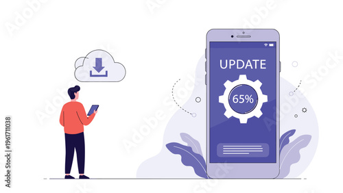 Man using smartphone next to large digital screen showing software update progress with cloud download icon for technical maintenance.