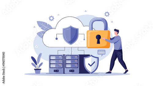 IT professional moving large padlock to secure server racks and cloud data storage for cyber security and information protection concept.