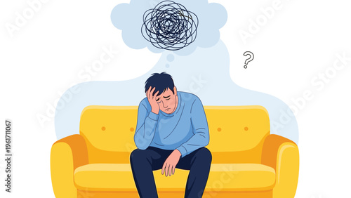 Depressed man sitting on yellow sofa with tangled thoughts and question mark symbolizing mental health struggle and anxiety.