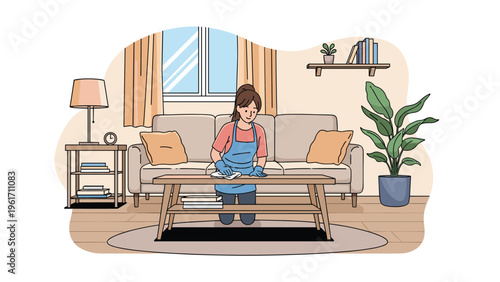 Young woman wearing apron and gloves cleaning wooden coffee table in tidy living room representing housework and domestic service.