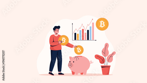Investor putting bitcoin coins into piggy bank with rising financial chart symbolizing cryptocurrency savings and digital wealth growth.
