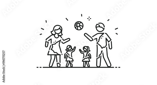 Family Playing Ball Together Outline Vector Illustration