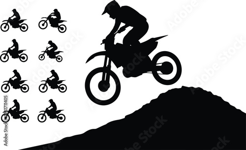 Collection of black silhouettes showing motocross riders jumping and riding dirt bikes