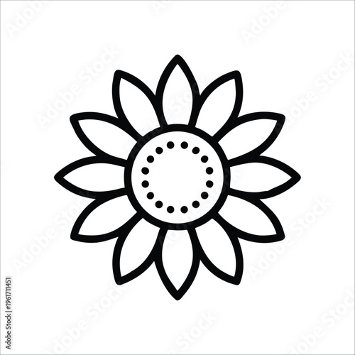 Black and white line art flower icon with petals and dots